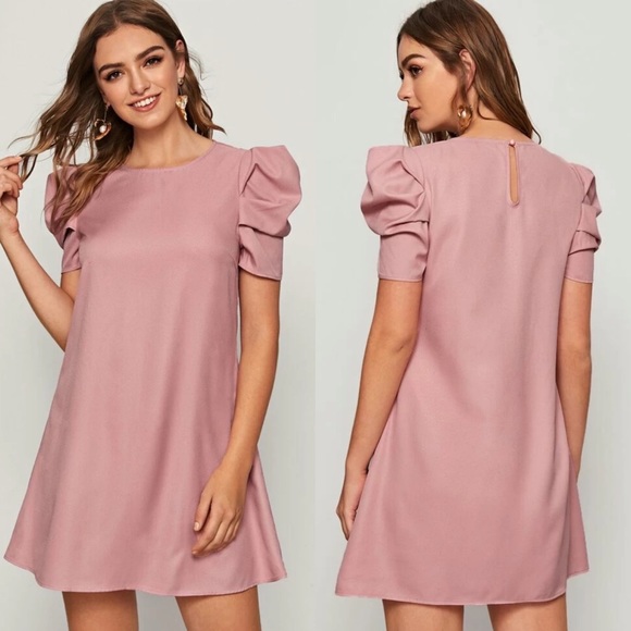 Puff sleeve babydoll shift dress keyhole cutout back short tunic green - Picture 5 of 8